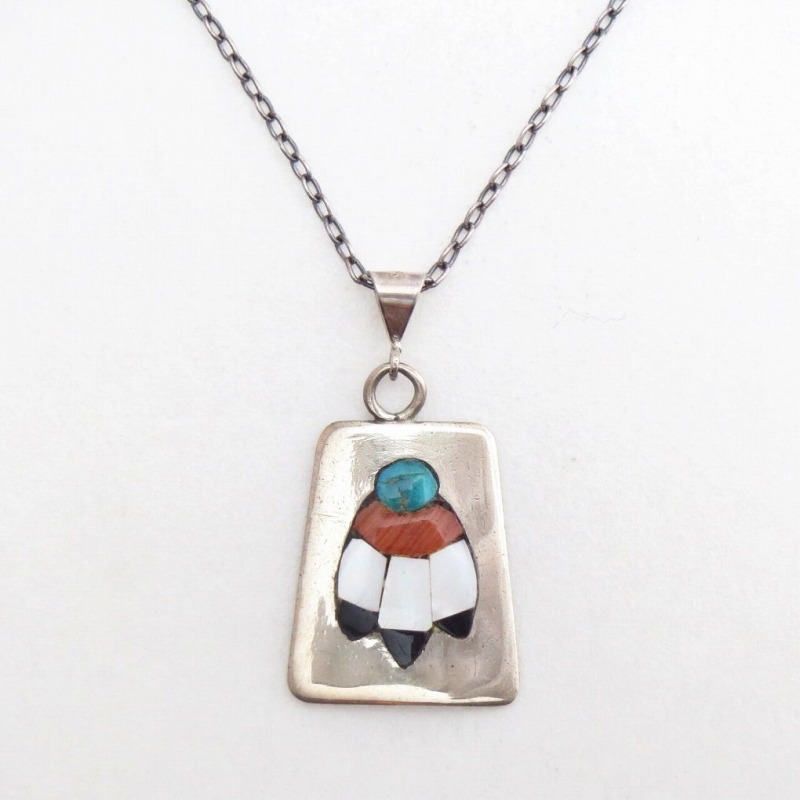 Vtg Zuni Multi-Stone Feather Inlay Tag Top Necklace  c.1965～
