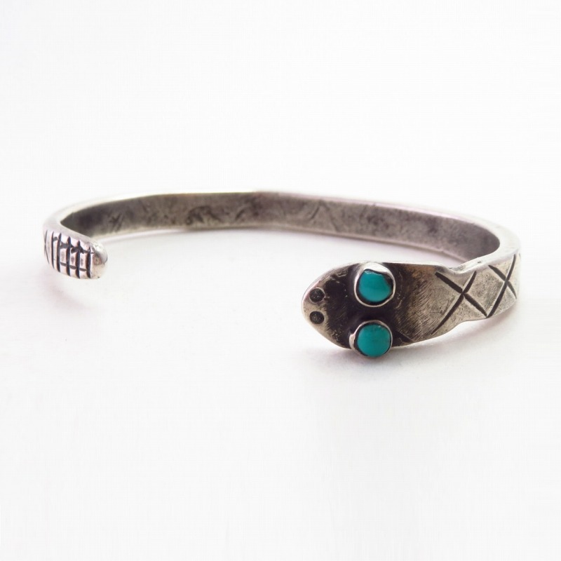 Atq Pueblo Snake Shape Ingot Silver Cuff w/Turquoise  c.1920