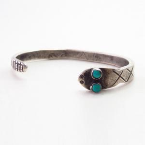 Atq Pueblo Snake Shape Ingot Silver Cuff w/Turquoise  c.1920