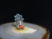Vtg Navajo Potted Flowers Ring w/Turquoise & Coral  c.1960～