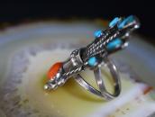 Vtg Navajo Potted Flowers Ring w/Turquoise & Coral  c.1960～