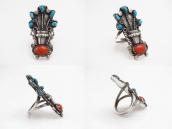 Vtg Navajo Potted Flowers Ring w/Turquoise & Coral  c.1960～