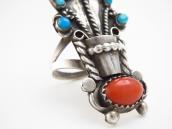 Vtg Navajo Potted Flowers Ring w/Turquoise & Coral  c.1960～