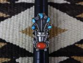 Vtg Navajo Potted Flowers Ring w/Turquoise & Coral  c.1960～