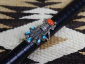 Vtg Navajo Potted Flowers Ring w/Turquoise & Coral  c.1960～