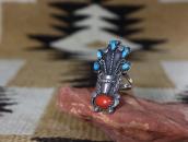 Vtg Navajo Potted Flowers Ring w/Turquoise & Coral  c.1960～