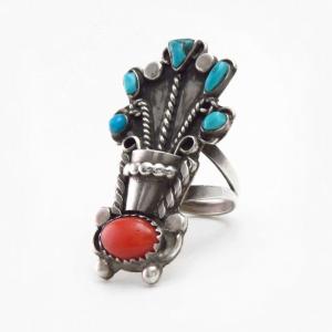 Vtg Navajo Potted Flowers Ring w/Turquoise & Coral  c.1960～