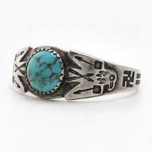 Atq Navajo T-birds Applique & 卍Stmped Ingot Slv Cuff c.1920～