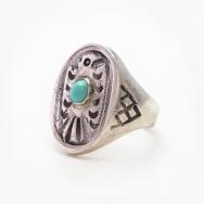 Atq Navajo Thunderbird Stamped Seal Ring w/Turquoise c.1930～