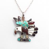 Vintage Zuni Inlay Eagle Fob Silver Necklace & Pin  c.1960