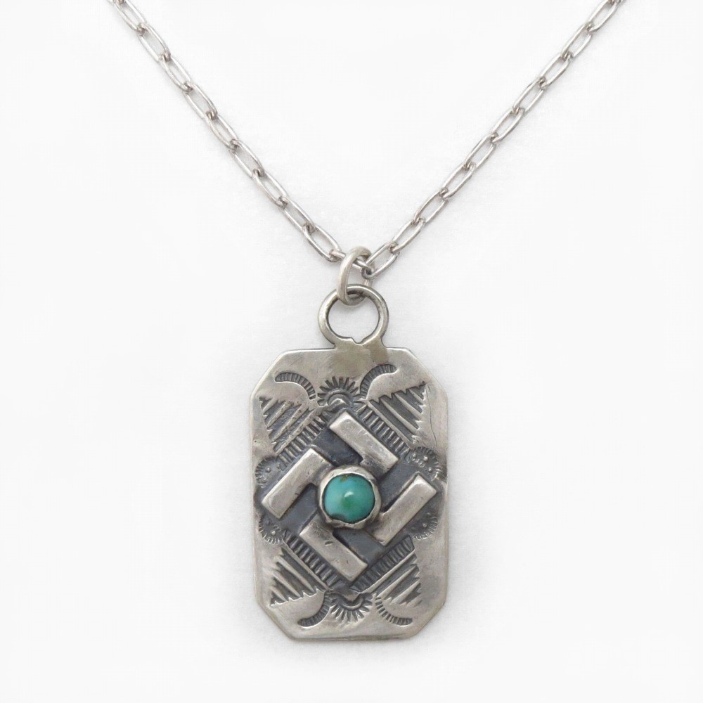 Antique Navajo Stamped 卍 Applique Silver Tag Necklace c.1930