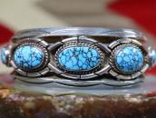 Vtg Navajo Hi-Grade No.8 Turquoise Row Cuff in Silver c.1955