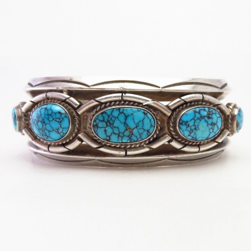 Vtg Navajo Hi-Grade No.8 Turquoise Row Cuff in Silver c.1955