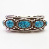 Vtg Navajo Hi-Grade No.8 Turquoise Row Cuff in Silver c.1955
