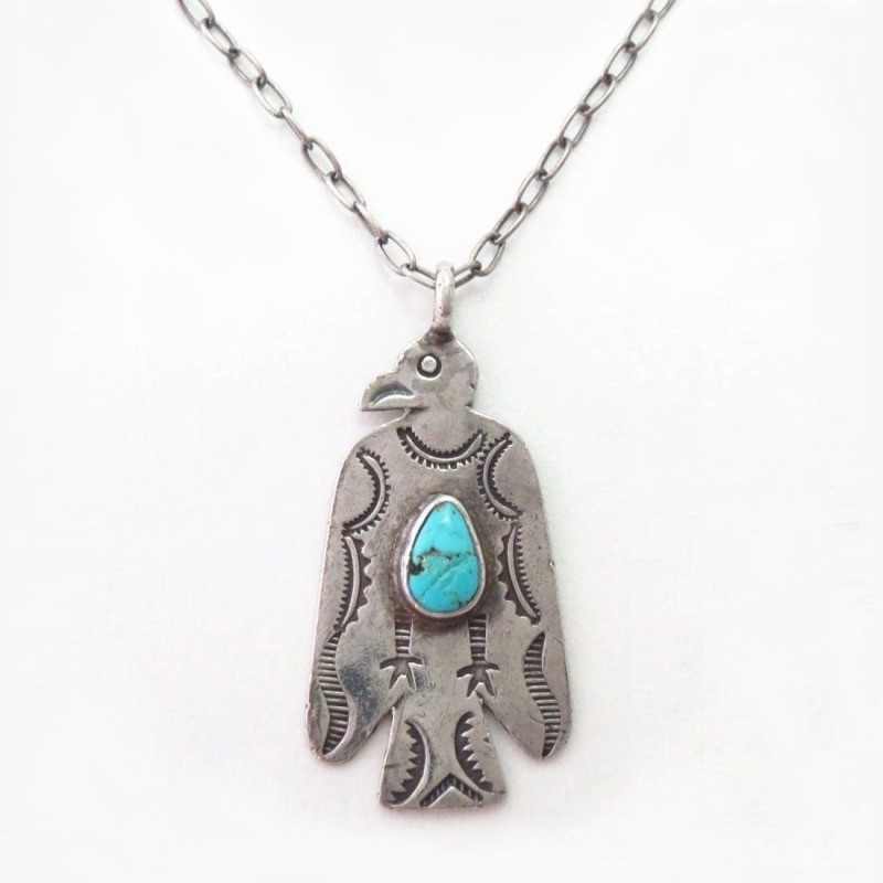 Atq Stamped Thunderbird Fob Necklace w/Turquoise c.1935～
