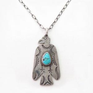 Atq Stamped Thunderbird Fob Necklace w/Turquoise c.1935～