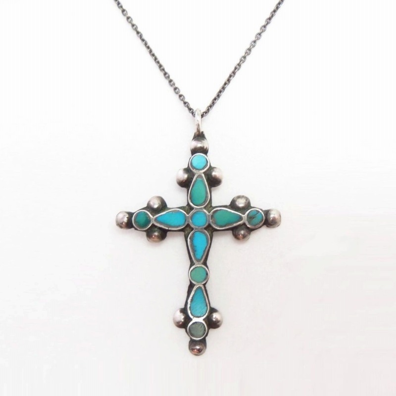 Vtg Zuni "Dishta Style" TQ Inlay Cross Top Necklace c.1950～