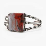 Atq Navajo Stamped Ingot Silver Cuff w/PetrifiedWood c.1940～