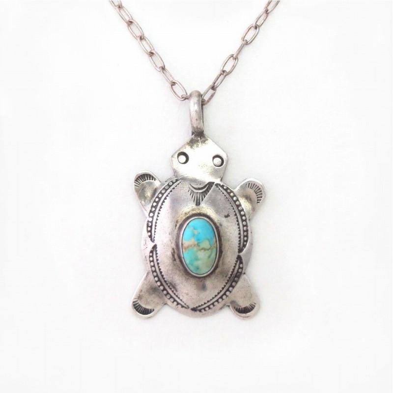 Atq Zuni or Navajo Turtle Top w/Turquoise Necklace  c.1930～