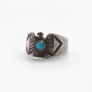 Atq Navajo T-bird Stamped Silver Ring w/Turquoise c.1930～
