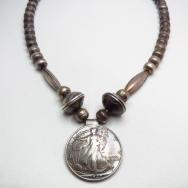 Vintage Indian Silver Bead Necklace w/Liberty Coin