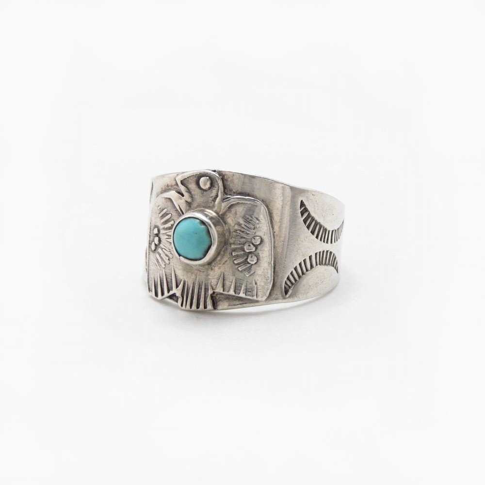 Atq Navajo T-bird Applique Silver Ring w/Turquoise c.1930～