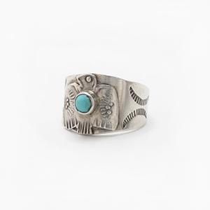 Atq Navajo T-bird Applique Silver Ring w/Turquoise c.1930～