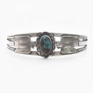 Atq Navajo T-birds Stamped Ingot Slv Cuff w/Turquoise c.1930