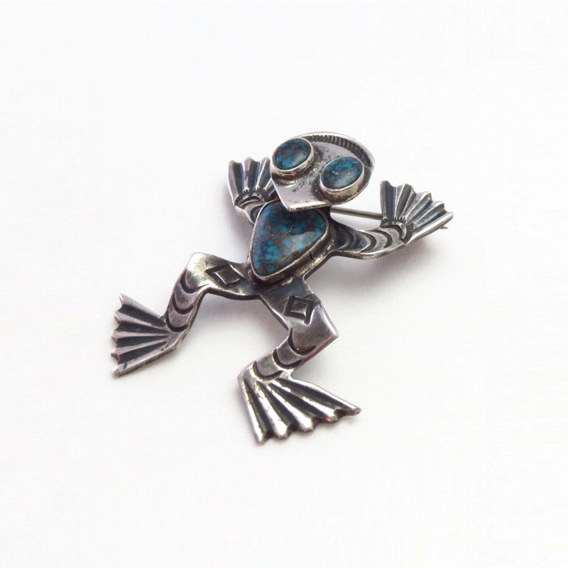 Vintage Navajo Structural Frog Pin w/Gem Turquoise  c.1950
