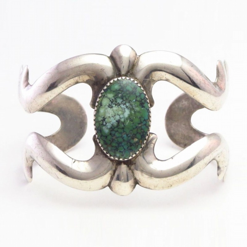【NAVAJO GUILD】Vtg Casted Silver Wide Cuff w/Turquoise c.1950