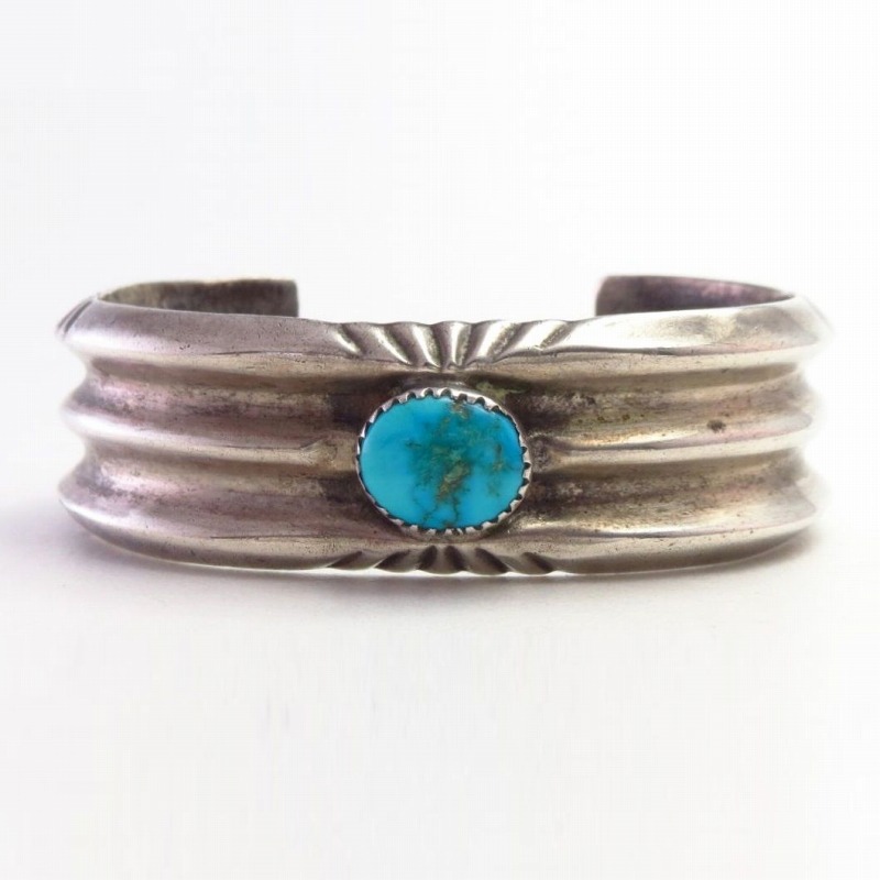 Vtg Navajo Cast Triple Triangle Cuff w/Gem Turquoise c.1950～