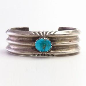 Vtg Navajo Cast Triple Triangle Cuff w/Gem Turquoise c.1950～