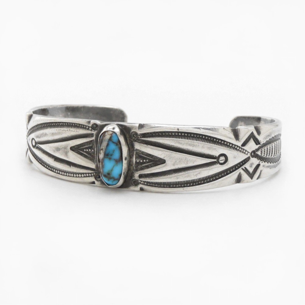 Atq Navajo Stamped Ingot Silver Cuff w/Gem Turquoise c.1930