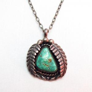 Vintage Silver Leaf Shadowbox w/TQ Fob Necklace  c.1960～