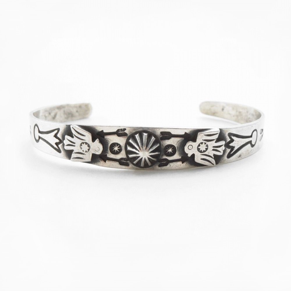 Atq Navajo Stamped Two T-birds Applique Silver Cuff c.1930～