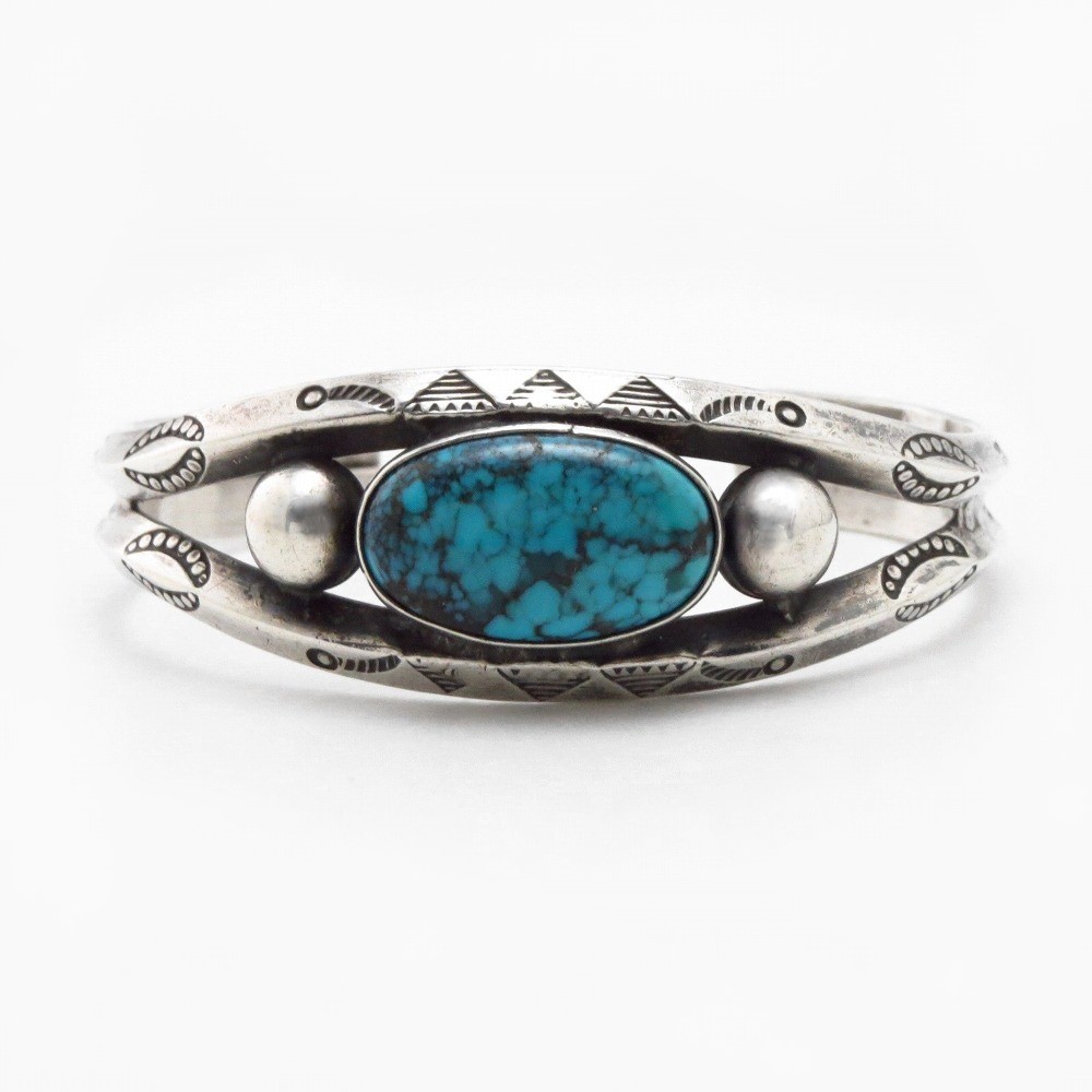 【Arrow Novelty】Atq Coin Silver Cuff w/Gem Turquoise c.1925～