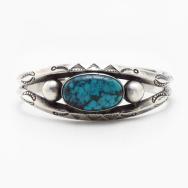 【Arrow Novelty】Atq Coin Silver Cuff w/Gem Turquoise c.1925～