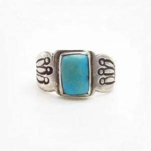 Early Navajo/Pueblo Ingot Silver Ring w/Sq. Turquoise c.1920