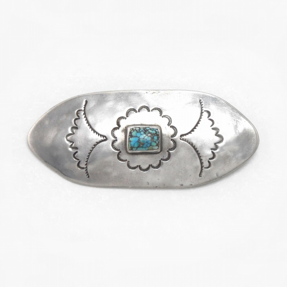 Atq Navajo Stamped Ingot Silver Pin w/Gem Turquoise c.1930～