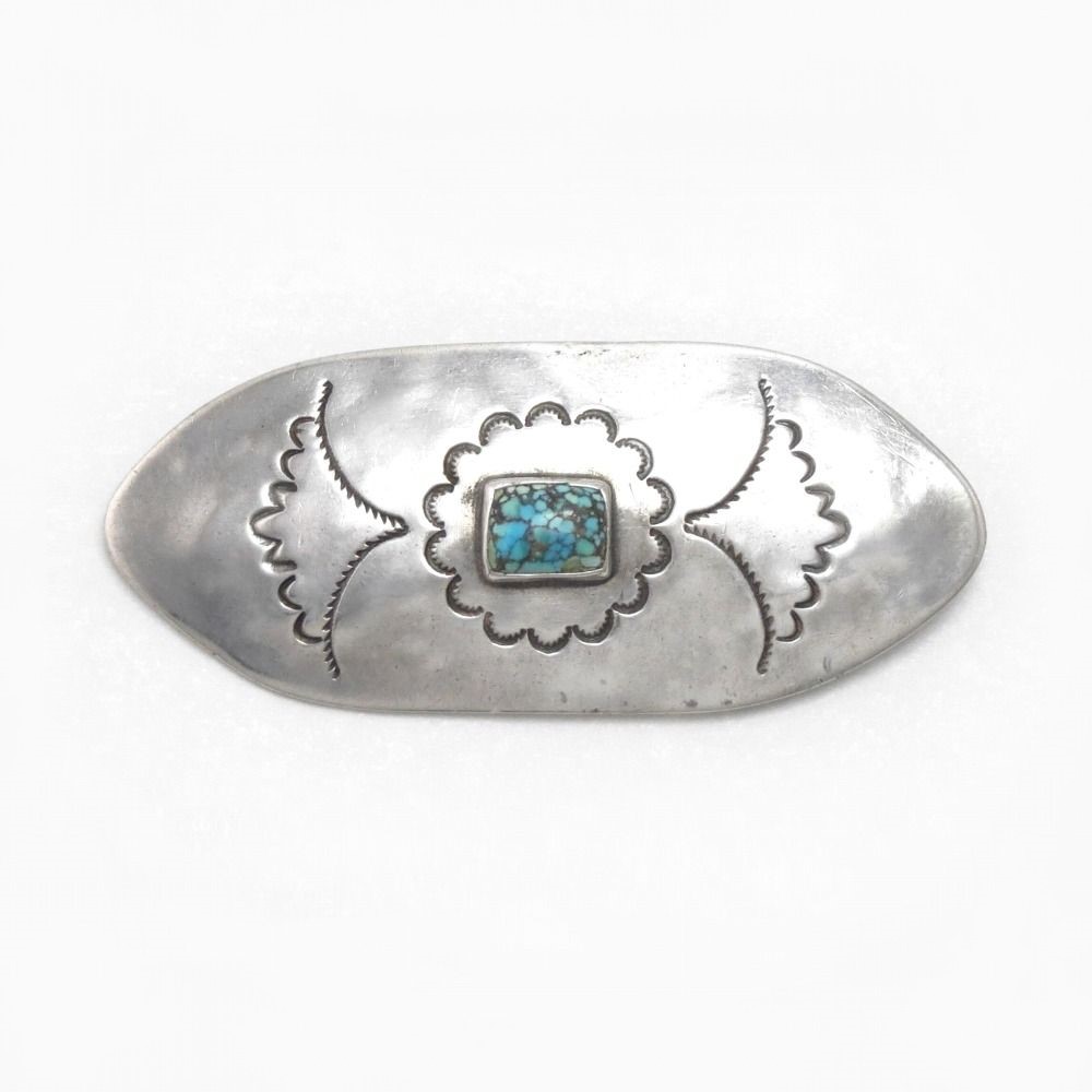 Atq Navajo Stamped Ingot Silver Pin w/Gem Turquoise c.1930～
