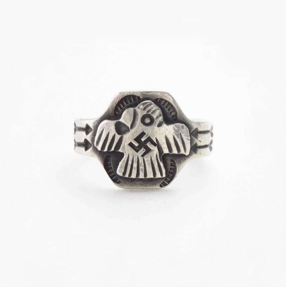 Atq Navajo 卍 Stamped T-bird Applique Cigar Band Ring  c.1930