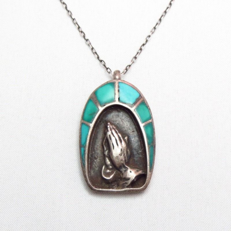 OLDPAWN Zuni Praying Hands & TQ Inlay Fob Necklace  c.1970