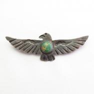 Antique Thunderbird Shaped Silver Pin w/Green TQ  c.1930～