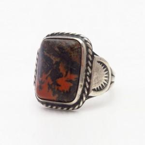 Vtg Navajo Silver Men's Ring w/Rect. PetrifiedWood  c.1950～