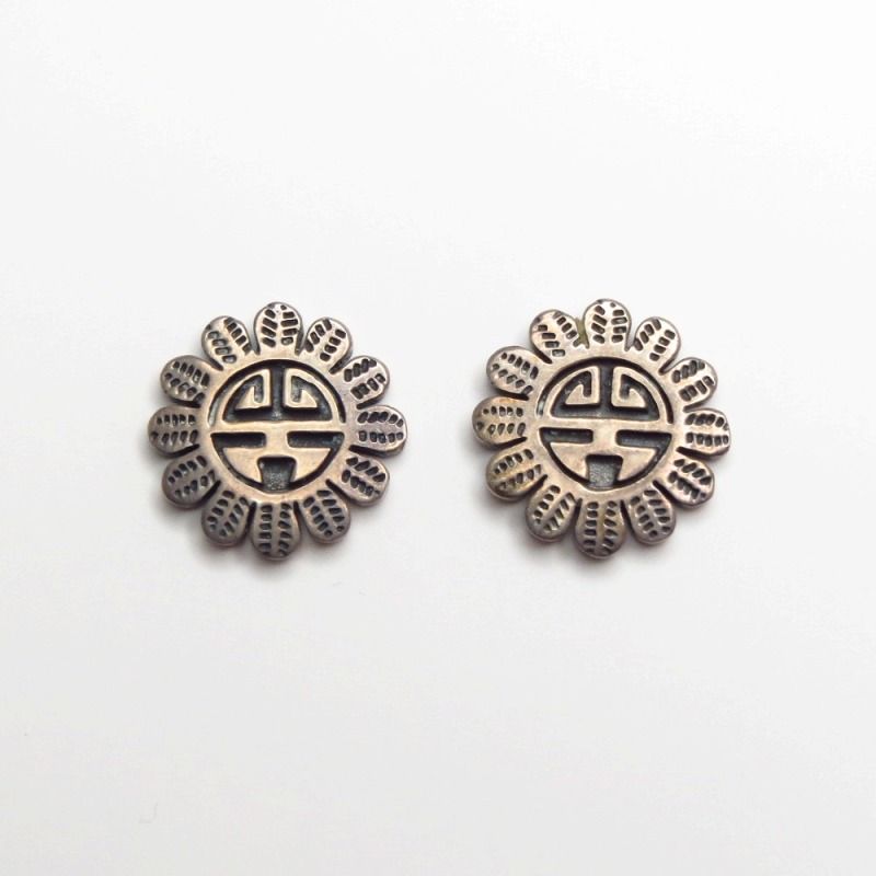 OLDPAWN Hopi  SunFace Silver Overlay Pierced Earrings c.1980