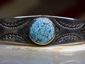【NAVAJO GUILD】Stamped Silver Cuff w/Gem #8 Turquoise c.1941～