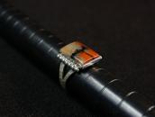 Vintage Hammered Etched Silver Ring w/PetrifiedWood  c.1945～