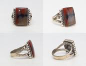 Vintage Hammered Etched Silver Ring w/PetrifiedWood  c.1945～