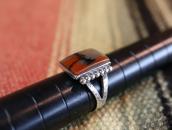 Vintage Hammered Etched Silver Ring w/PetrifiedWood  c.1945～