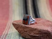 Vintage Hammered Etched Silver Ring w/PetrifiedWood  c.1945～